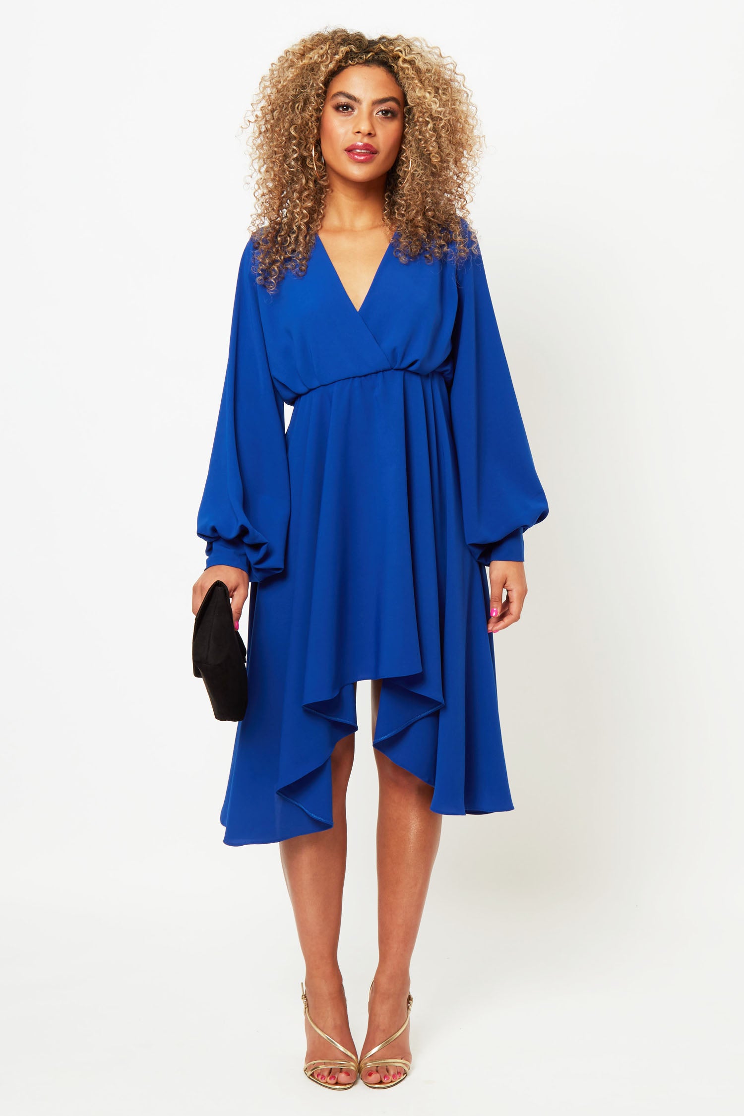 Cobalt blue dress with long sleeves and cascade skirt