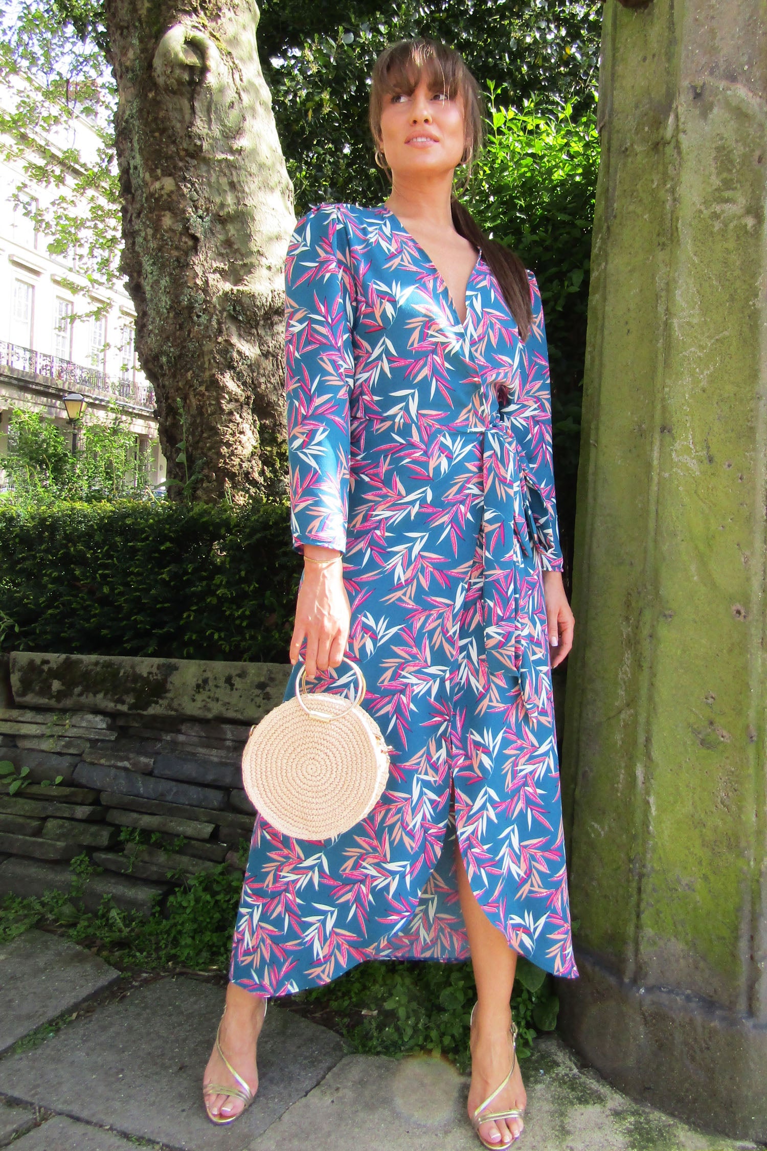 Palm print wrap dress with sleeves
