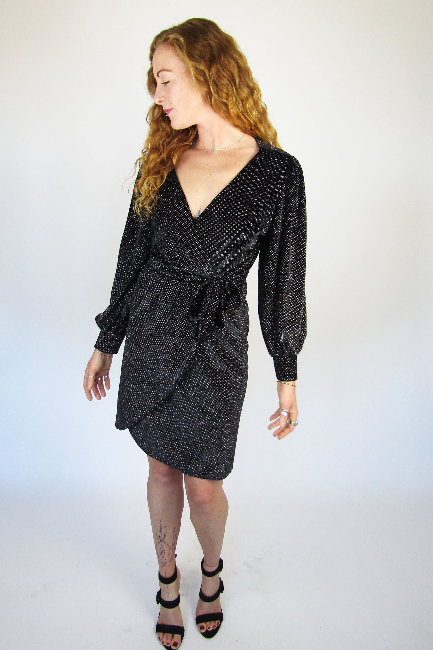 Black Sparkly, Velvet Long Sleeved Mini Dress