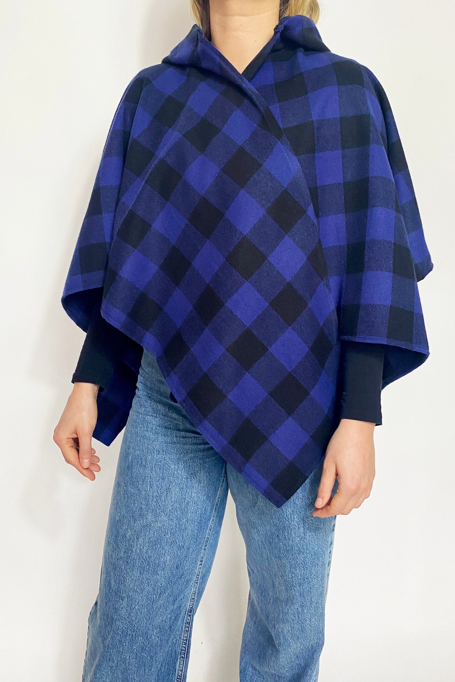 Blue & Black Checked Wool Cape with Hood