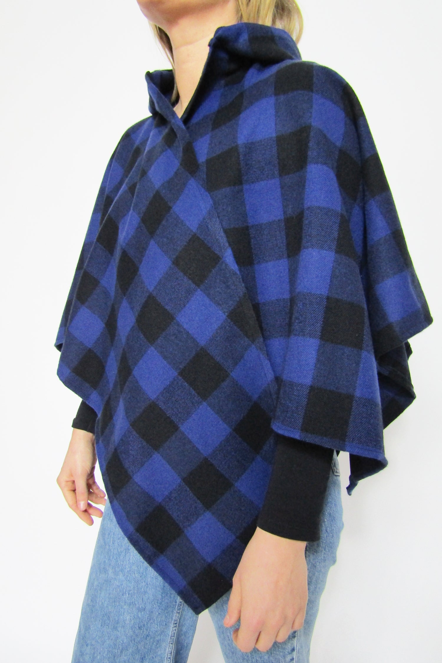 Blue & Black Checked Wool Cape with Hood