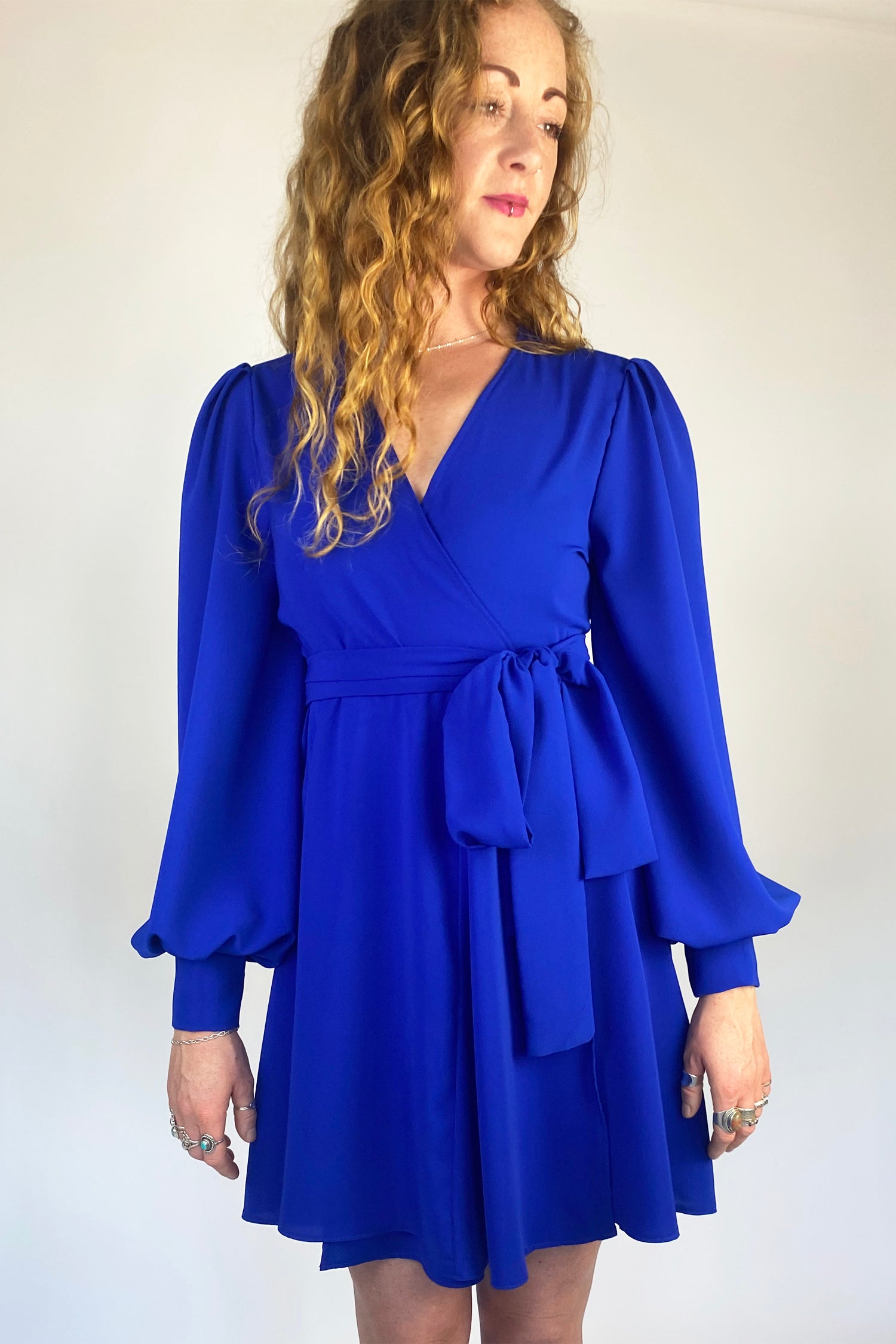 Cobalt Blue Long Sleeved Wrap Dress with Full Skirt