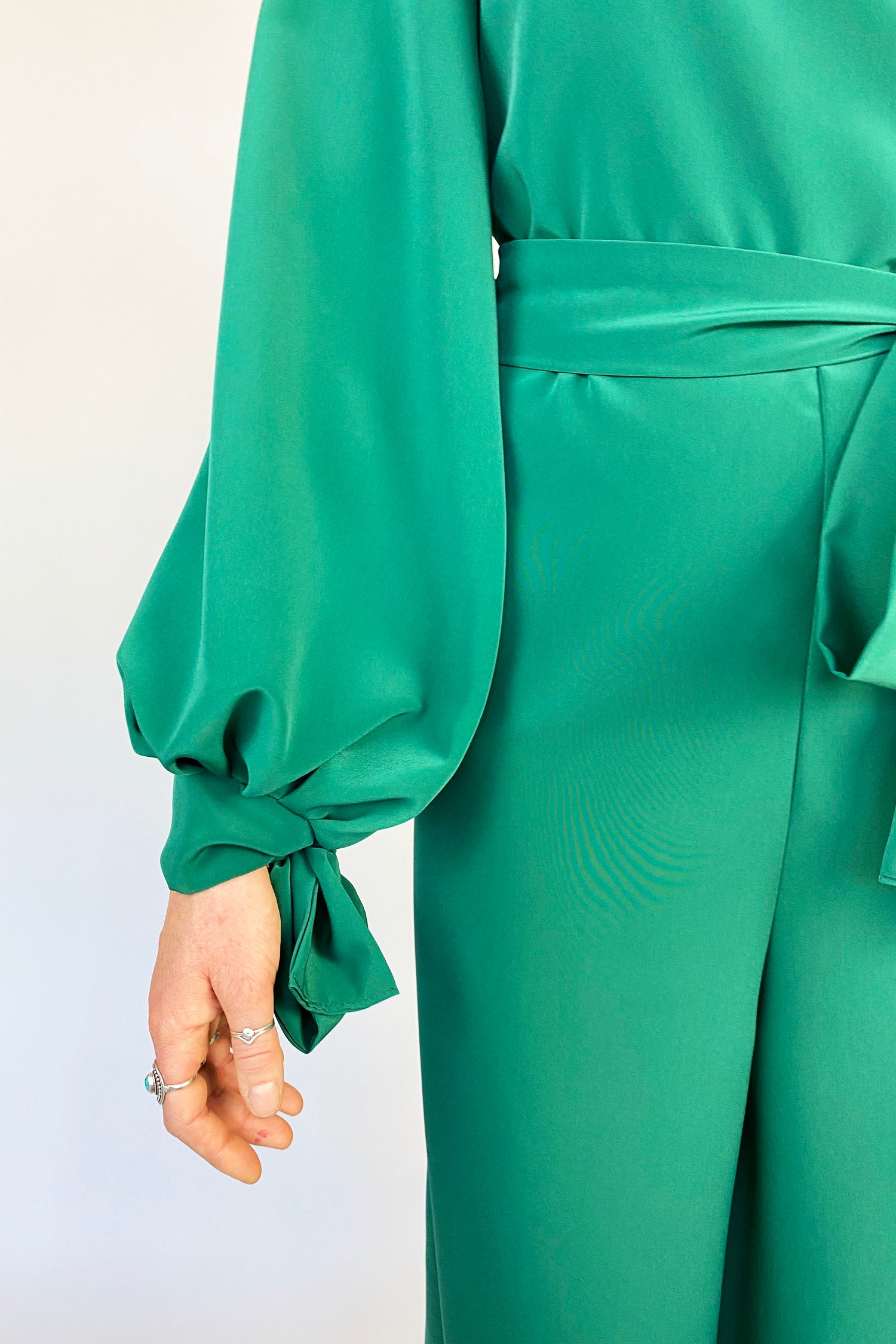 Green One-Sleeve Jumpsuit With Belt