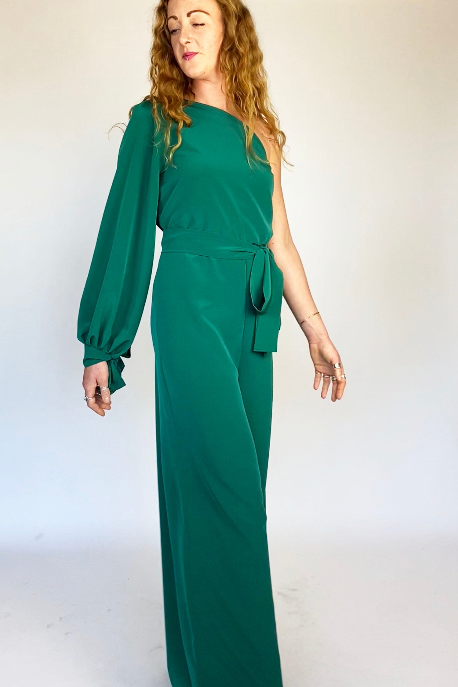 Green One-Sleeve Jumpsuit With Belt