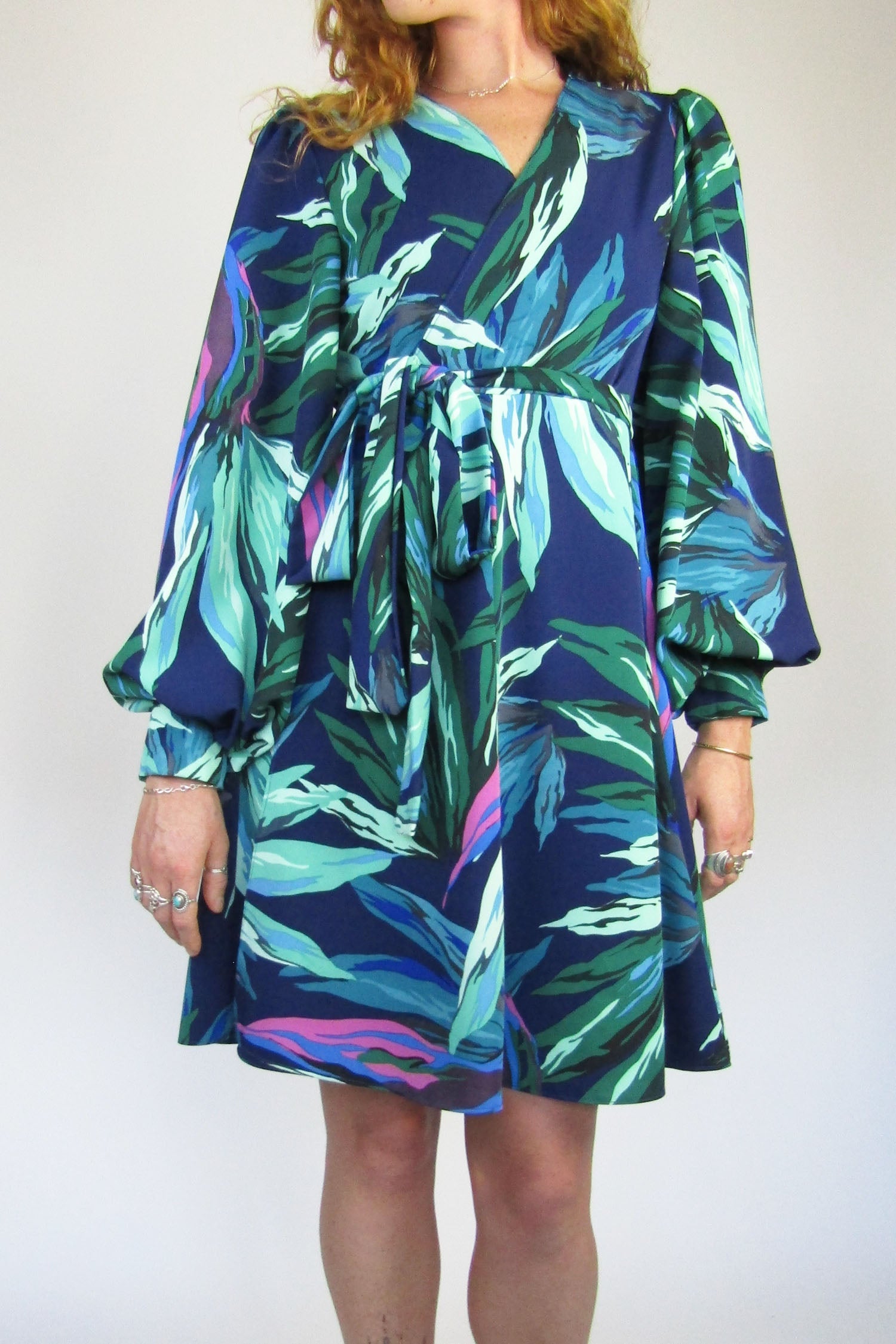 Long Sleeved Winter Palm Print Wrap Dress