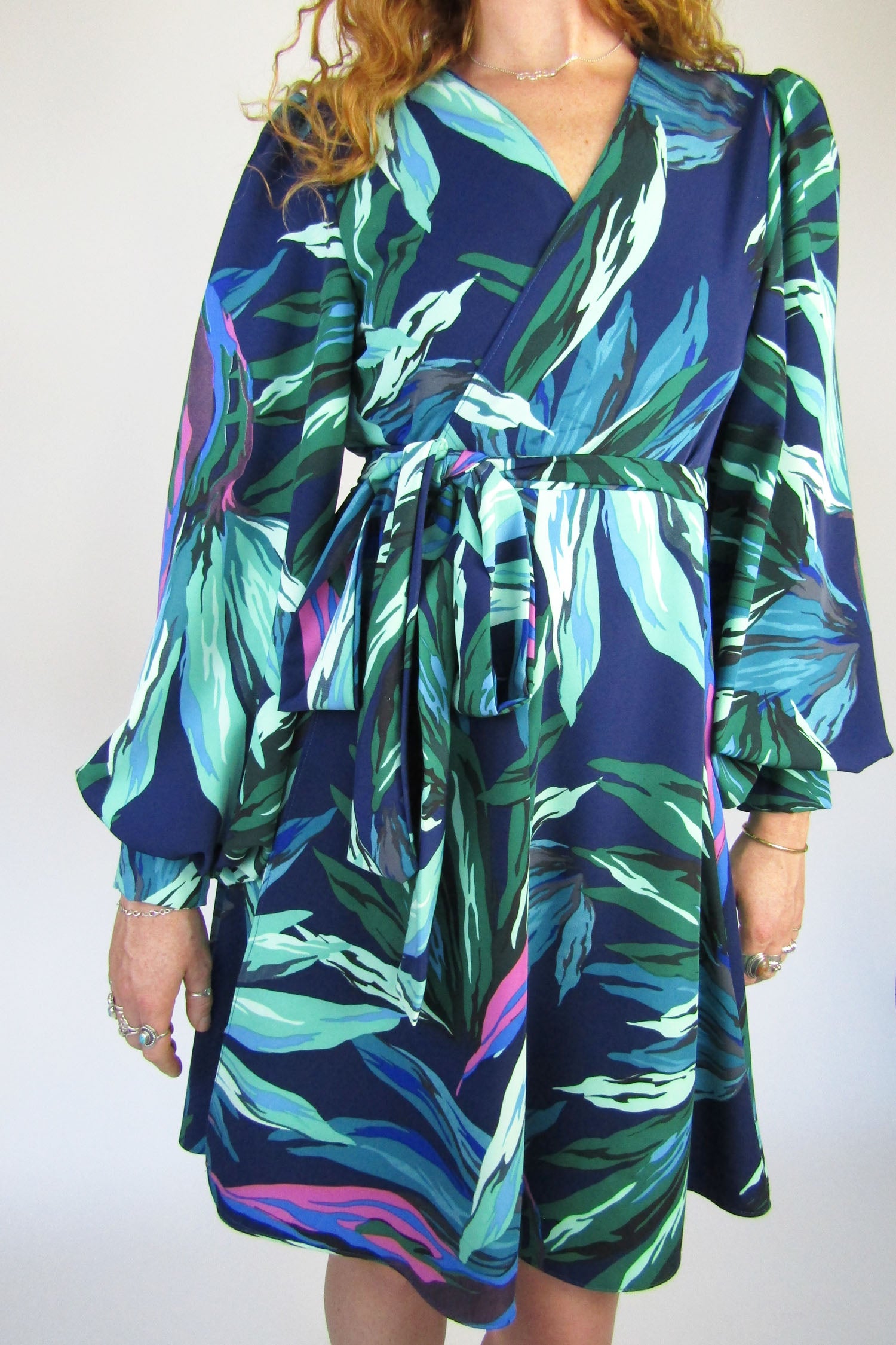 Long Sleeved Winter Palm Print Wrap Dress