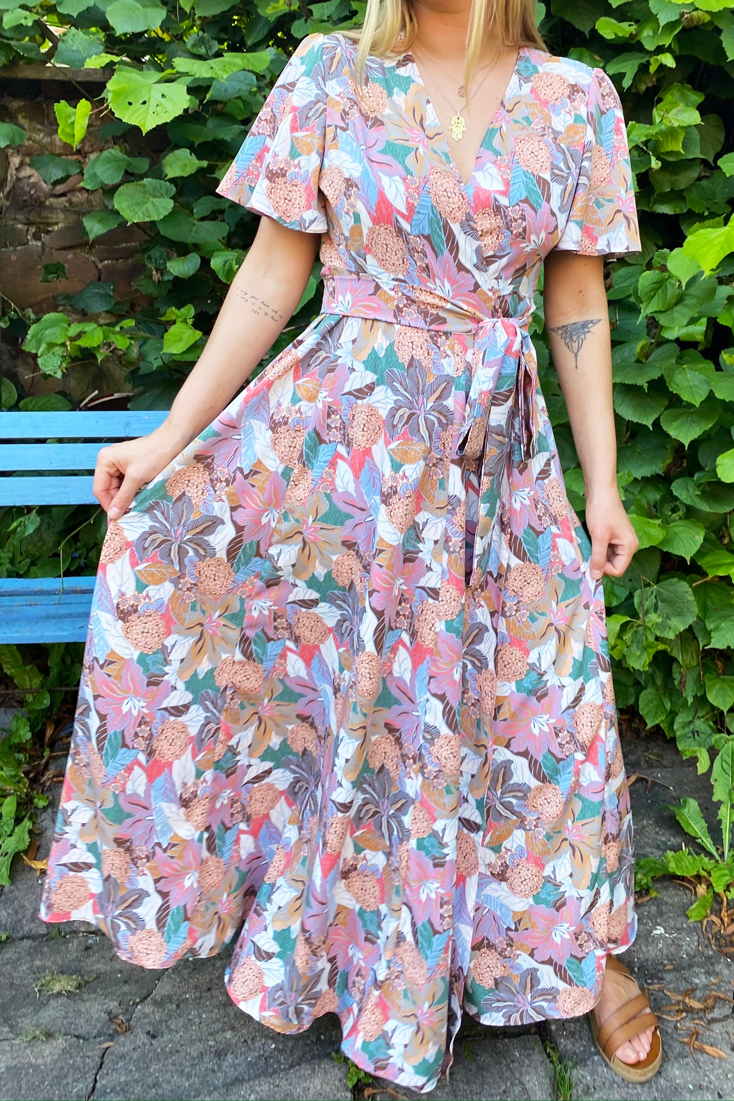 Dusky Pink Floral Maxi Wrap Dress With Vintage Sleeves