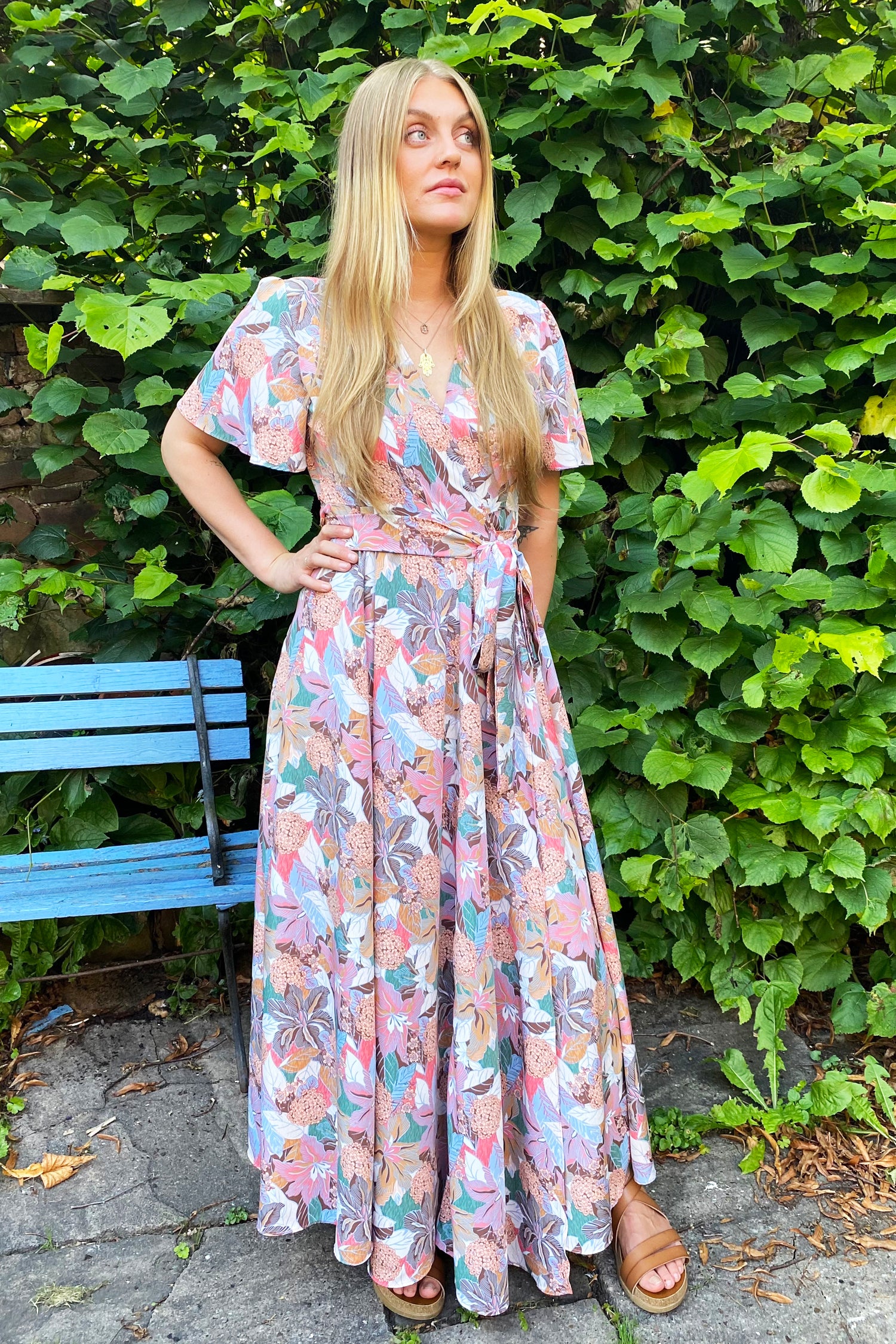 Dusky Pink Floral Maxi Wrap Dress With Vintage Sleeves