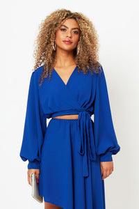 COBALT BLUE WRAP TOP WITH BIG BALLOON SLEVES