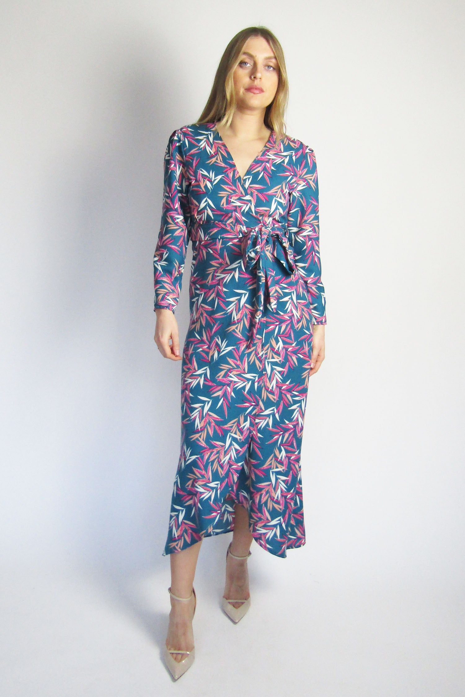 Turquoise,Pink & White Palm Print Gina Maxi Wrap Dress