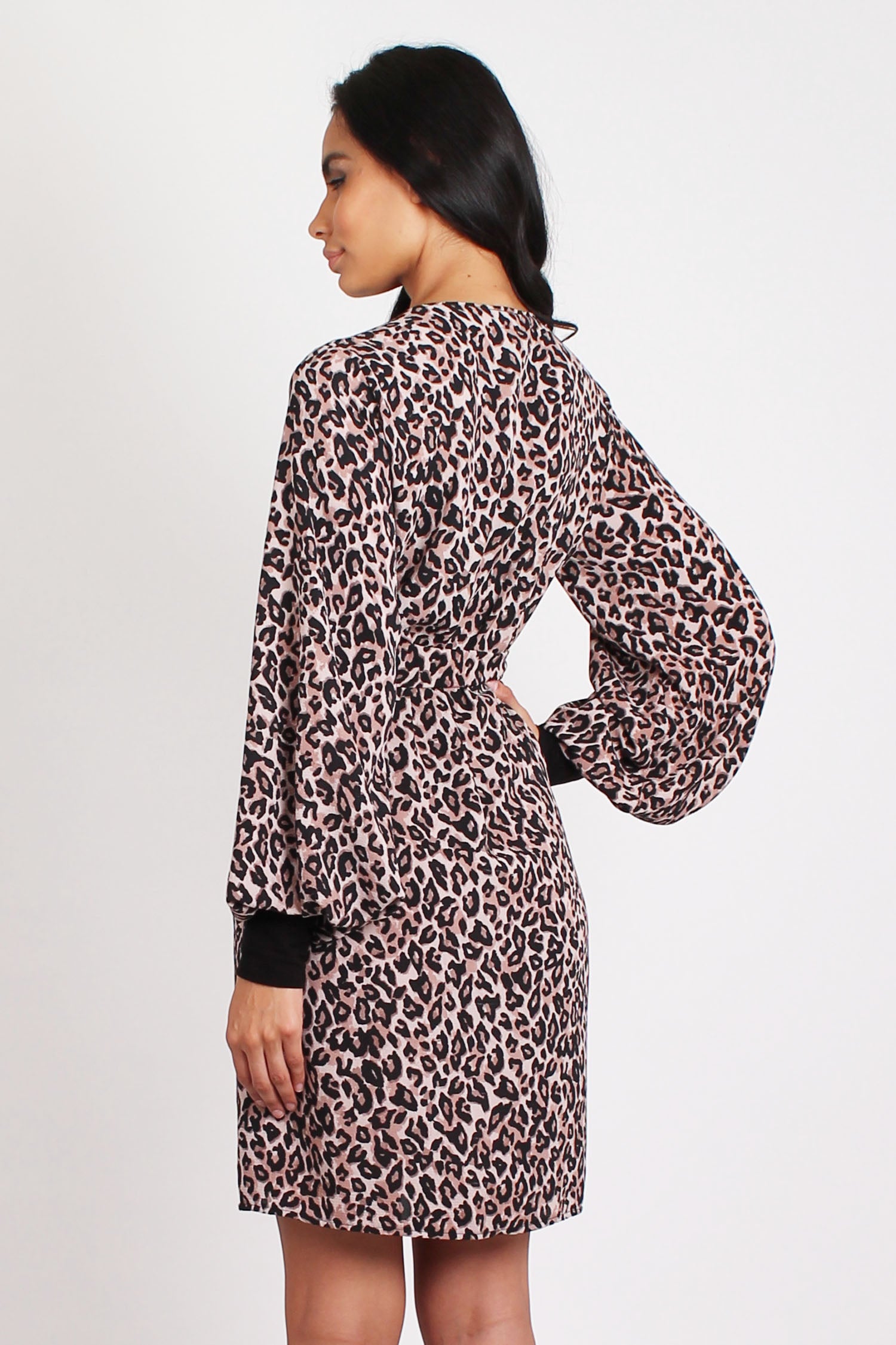 Leopard Print Wrap Dress with Balloon Sleeve