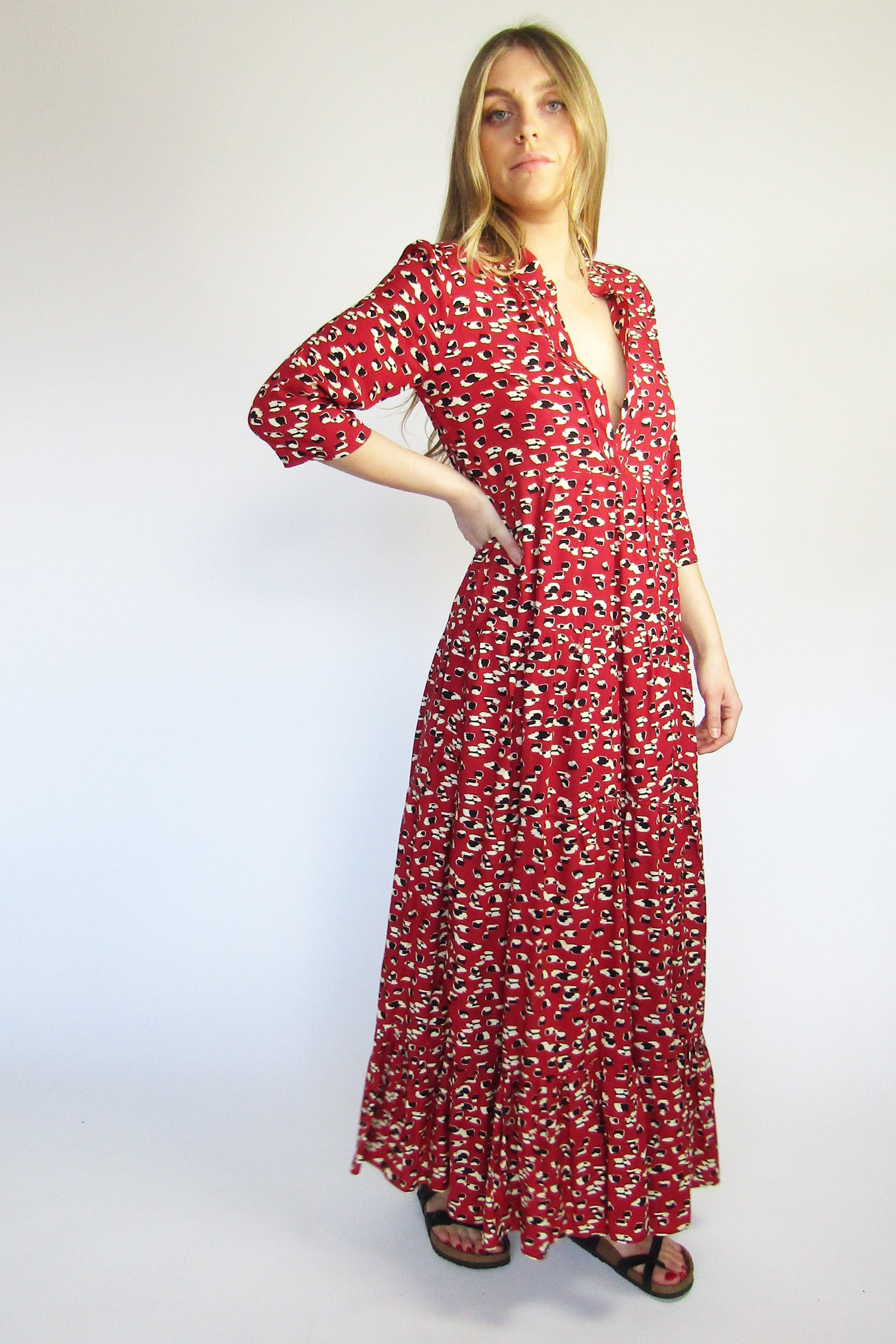Red Leopard Print Tiered Boho Clara Maxi Dress