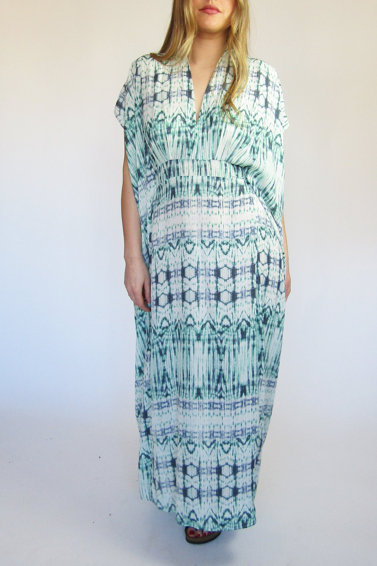Green & White Tye-Dye Kira Kaftan Maxi Dress