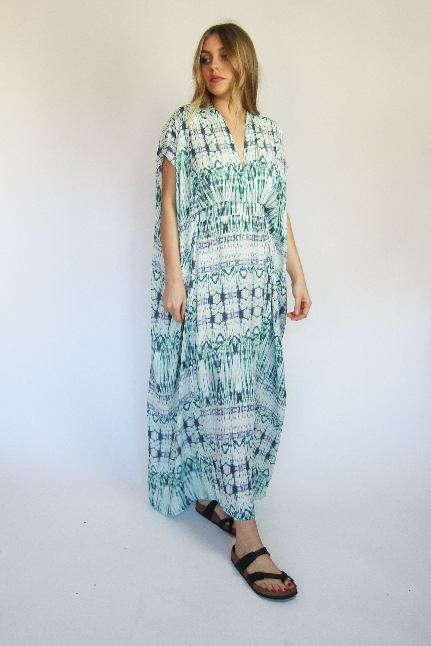 Green & White Tye-Dye Kira Kaftan Maxi Dress