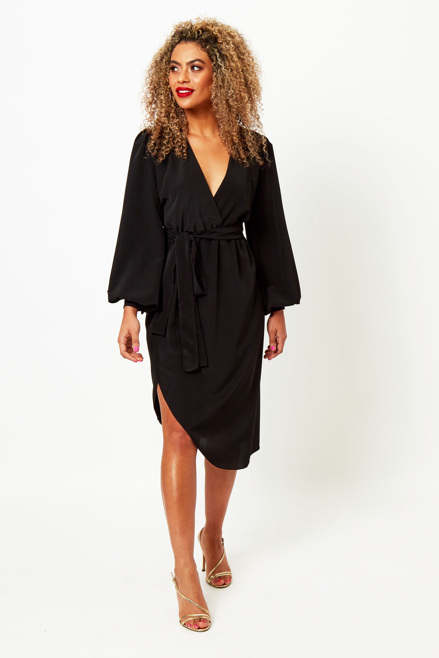 Black Wrap Dress with Long, Balloon Sleeves