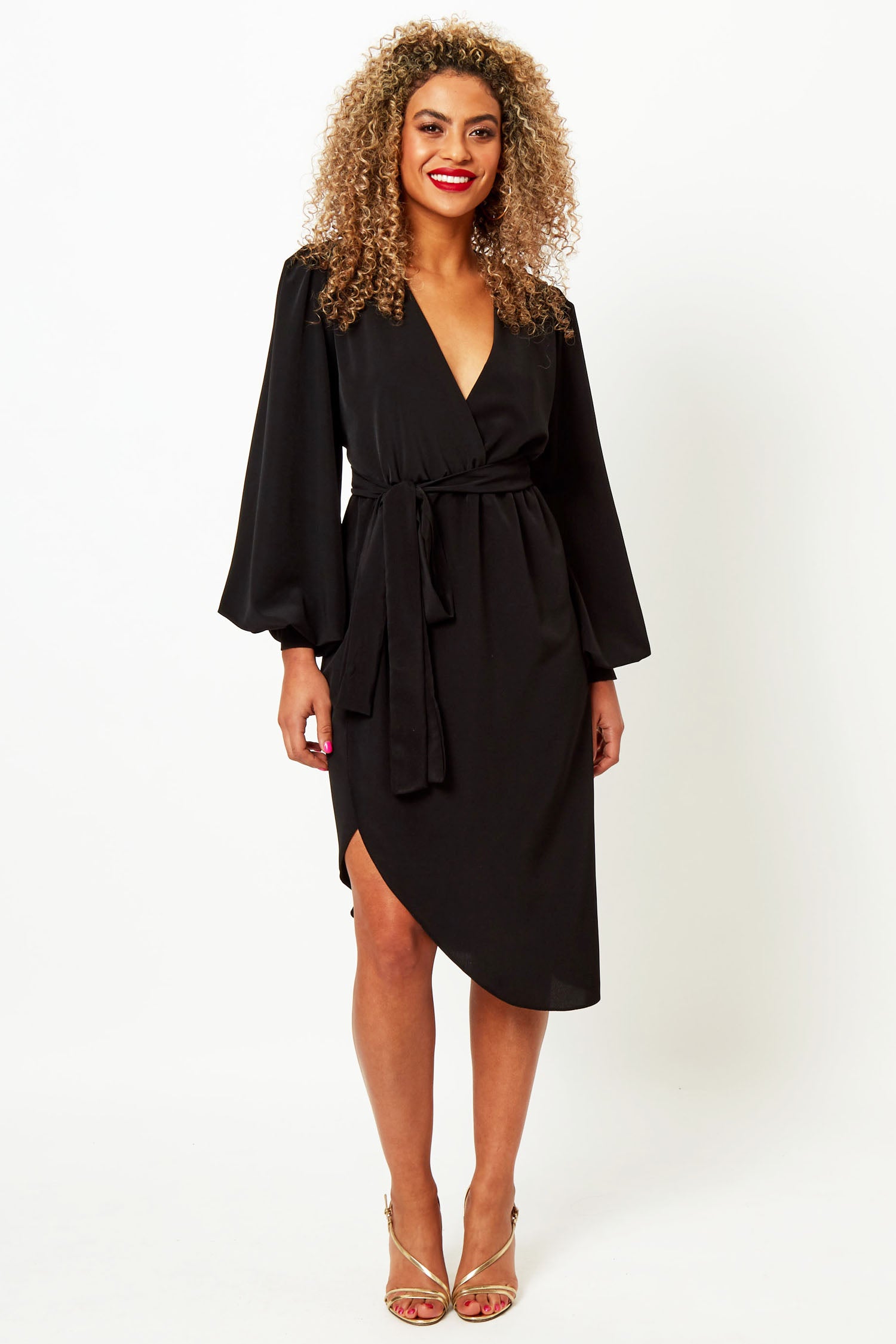 Black Wrap Dress with Long, Balloon Sleeves
